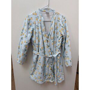 Bella Bliss Lemon Print Womens Robe With Belt Light Blue Medium 100% Cotton Made